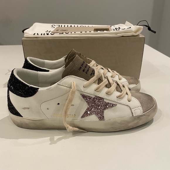 Golden Goose Superstar Sneaker White Leather/Taupe/Black/Mauve Glitter sz 37 NIB - Picture 2 of 14